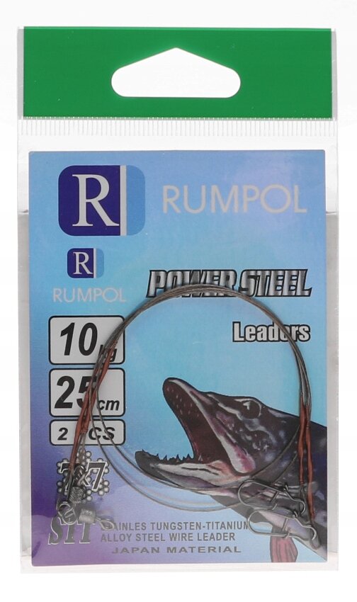 Opakowanie produktu z napisem \'RUMPOL POWER STEEL Leaders\' oraz ilustracją ryby. Widoczne są parametry: \'10 kg\', \'25 cm\', \'2 sztuki\'.