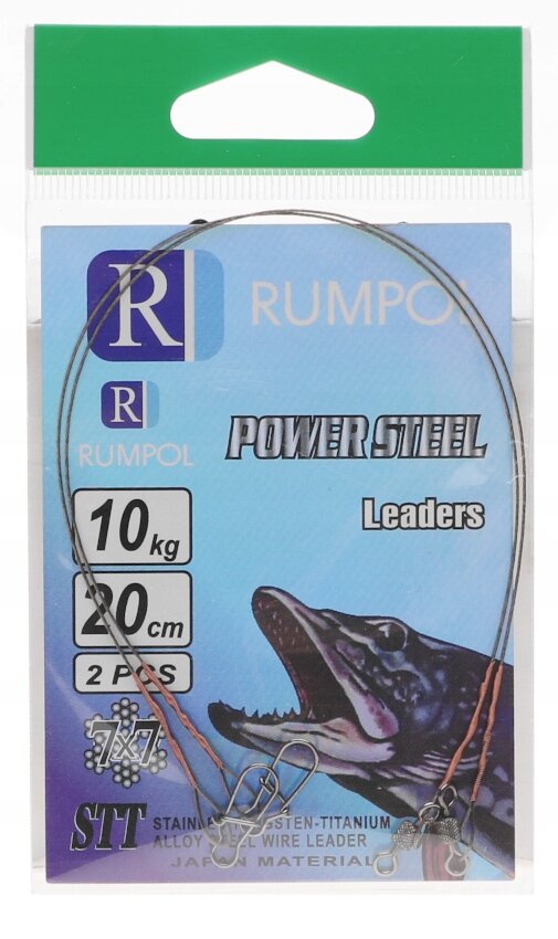 Opakowanie produktu z napisem \'RUMPOL POWER STEEL Leaders\', zawierające dwa przypony wolframowe. Widoczny jest także rysunek ryby oraz informacje: \'10 kg\', \'20 cm\', \'2 PCS\', \'7x7\', \'SIT\'.