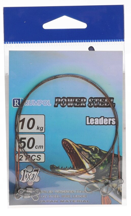 Opakowanie z przyponami wędkarskimi, na którym widnieje napis \'Rumpol Power Steel Leaders\'. Widoczny jest rysunek ryby oraz informacje: \'10 kg\', \'50 cm\', \'2 PCS\', \'1x7\'.
