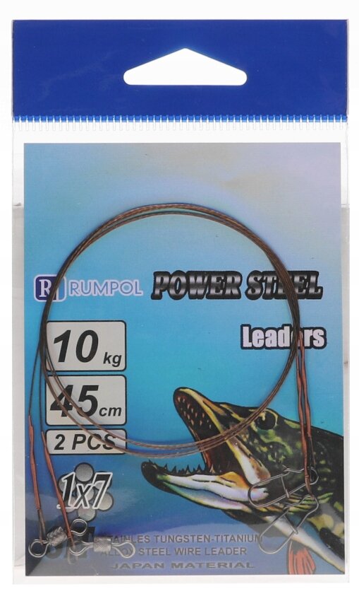 Opakowanie z przyponami wędkarskimi, na którym widnieje napis \'Rumpol Power Steel Leaders\'. Widoczny jest także rysunek ryby oraz informacje: \'10 kg\', \'45 cm\', \'2 PCS\', \'1x7\'.