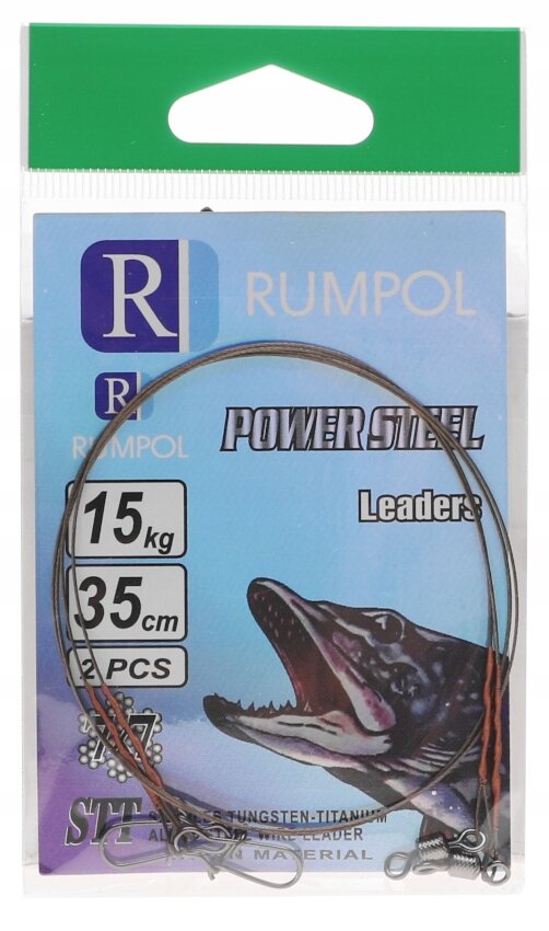 Opakowanie z przyponami wolframowymi, na którym widnieje logo \'RUMPOL\' oraz napisy \'POWER STEEL\', \'15 kg\', \'35 cm\', \'2 PCS\'. Na tle znajduje się ilustracja ryby z otwartą paszczą.