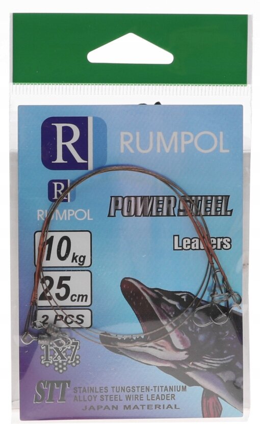 Opakowanie produktu z napisem \'RUMPOL POWER STEEL Leaders\', zawierające przypony wolframowe o wytrzymałości 10 kg i długości 25 cm, 2 sztuki. Widoczny jest również wizerunek ryby oraz logo \'R\'.