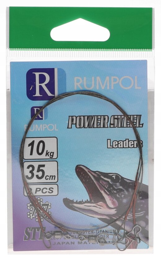 Opakowanie produktu z napisem \'RUMPOL\', \'POWER STEEL\', \'10 kg\', \'35 cm\', \'2 PCS\' oraz ilustracją ryby. Wewnątrz widoczne są przypony wolframowe.