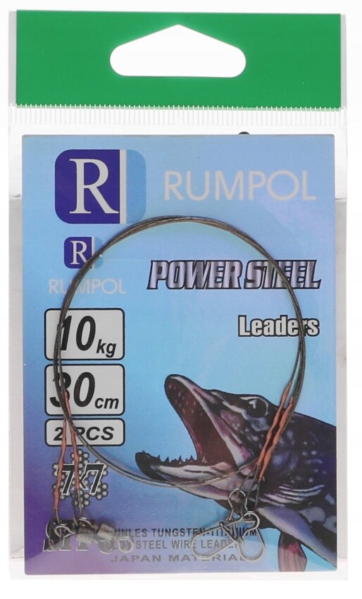 Opakowanie z napisem \'RUMPOL POWER STEEL Leaders\' zawiera dwa przypony wolframowe o długości 30 cm i wytrzymałości 10 kg. Na opakowaniu widoczny jest również obraz ryby oraz logo \'R\'.