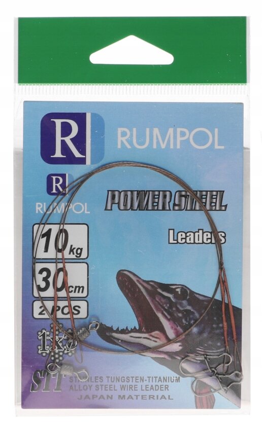 Opakowanie produktu z napisem \'RUMPOL POWER STEEL Leaders\' oraz ilustracją ryby. Widoczne są parametry: 10 kg, 30 cm, 2 pcs.
