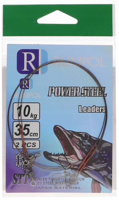 Opakowanie przyponów wędkarskich z napisem \'POWER STEEL Leaders\', \'10 kg\', \'35 cm\', \'2 PCS\'. Widoczny jest również obraz ryby oraz logo z literą \'R\'.