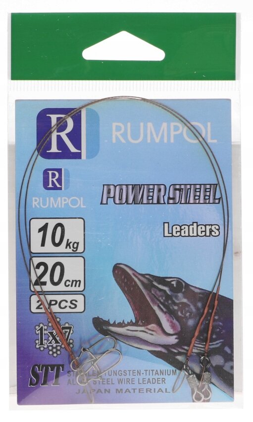 Opakowanie produktu z napisem \'RUMPOL POWER STEEL Leaders\' oraz ilustracją ryby. Widoczne są przypony wolframowe i informacje: \'10 kg\', \'20 cm\', \'2 PCS\'.