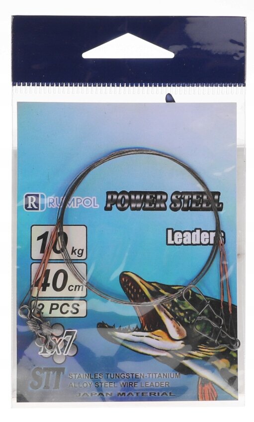 Opakowanie z przyponami wolframowymi, na którym widnieje napis \'Rumpol Power Steel Leader\'. Widoczny jest również obrazek ryby oraz informacje \'10 kg\', \'40 cm\', \'2 PCS\', \'1x7\', \'STT Stainless Tungsten-Titanium Alloy Steel Wire Leader\', \'Japan Material\'.