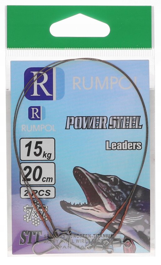 Opakowanie produktu z napisem \'RUMPOL POWER STEEL Leaders\' oraz informacjami \'15 kg\', \'20 cm\', \'2 PCS\'. Widoczny jest również obrazek ryby oraz logo \'R\'.
