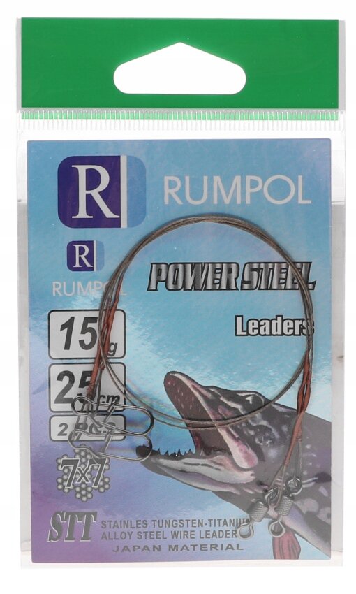 Opakowanie produktu z napisem \'RUMPOL\', \'POWER STEEL Leaders\', \'15 kg\', \'25 cm\', \'STT STAINLESS TUNGSTEN-TITANIUM ALLOY STEEL WIRE LEADER\', \'JAPAN MATERIAL\'. Widoczny jest obrazek ryby oraz przypony wolframowe wewnątrz opakowania.