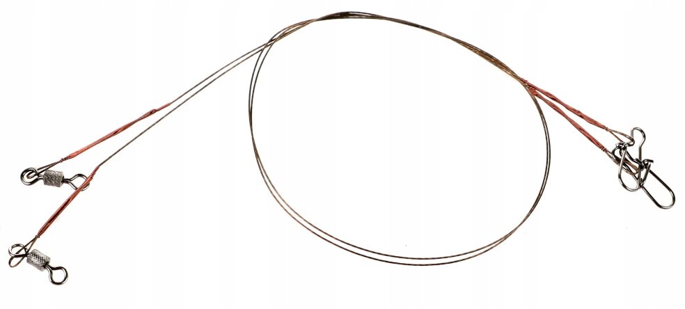 Dwa przypony wolframowe o długości 30 cm z metalowymi zapięciami na końcach.