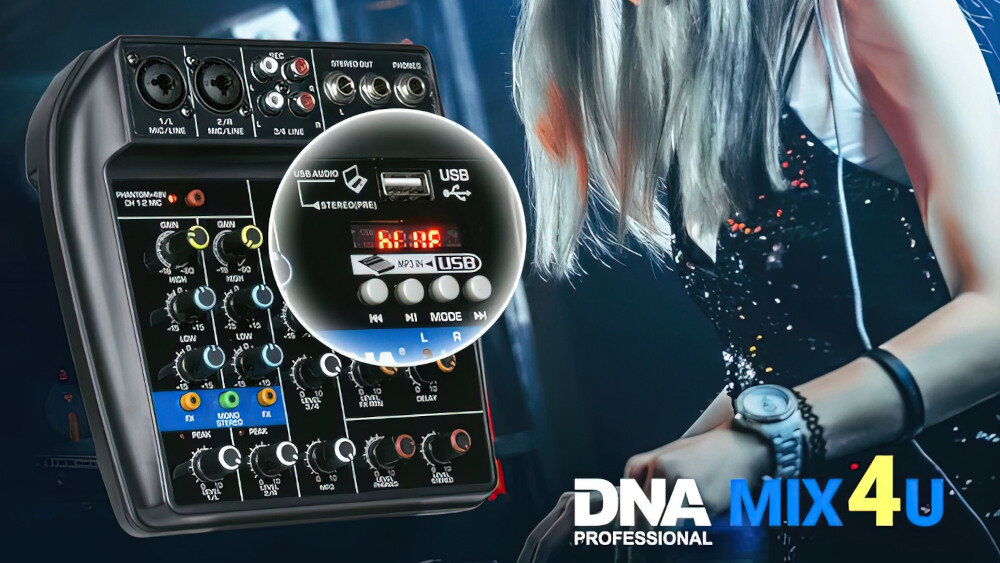 Obraz przedstawia mikser audio z różnymi pokrętłami i złączami, obok którego znajduje się osoba w stroju sceniczny. Na dole widoczne jest logo \'DNA Professional MIX 4U\'.