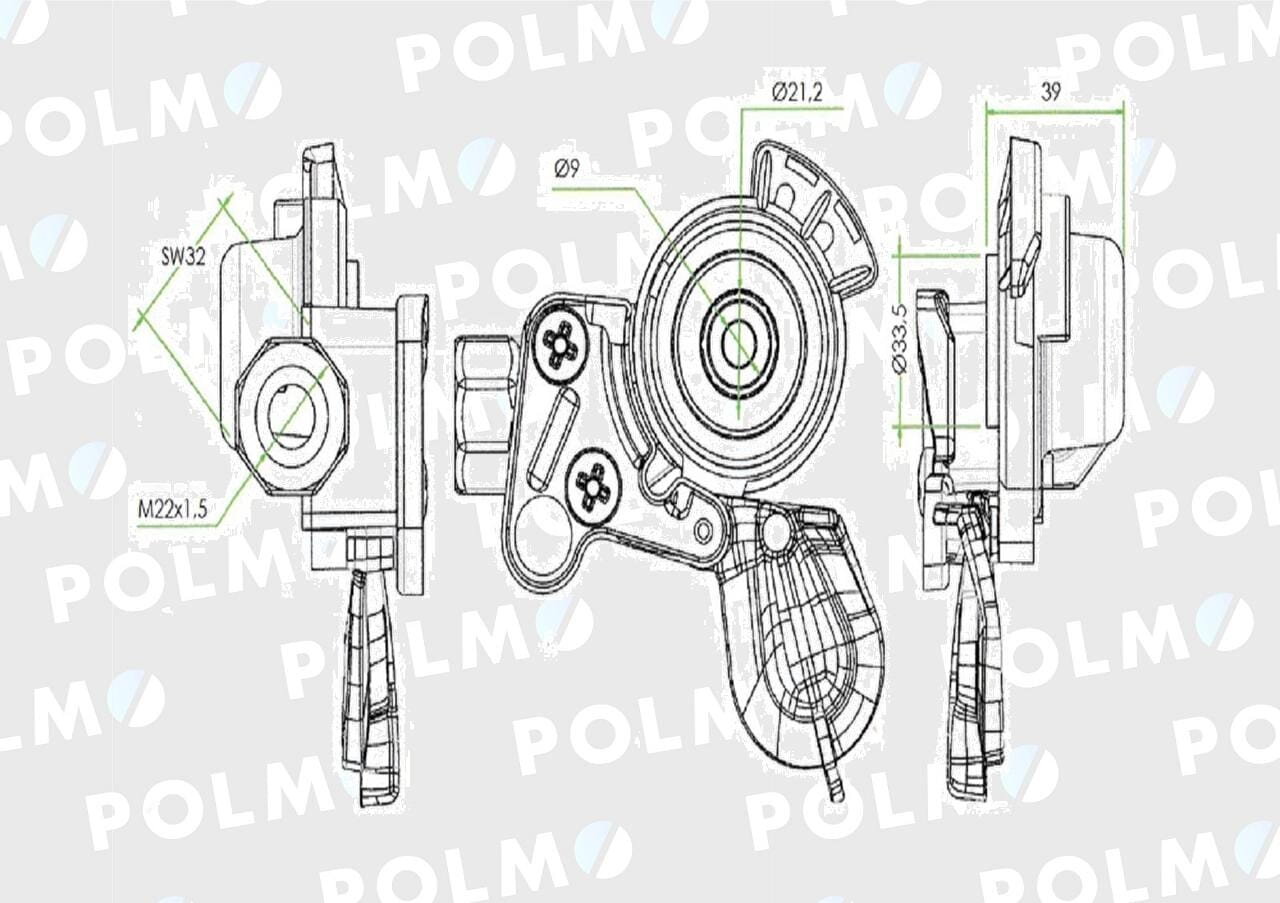 Rysunek techniczny przedstawiający złącze przewodów powietrza z oznaczeniami wymiarów: SW32, M22x1.5, Ø9, Ø21.2, Ø33.5, 39. W tle widoczne jest powtarzające się logo \'POLMO\'.