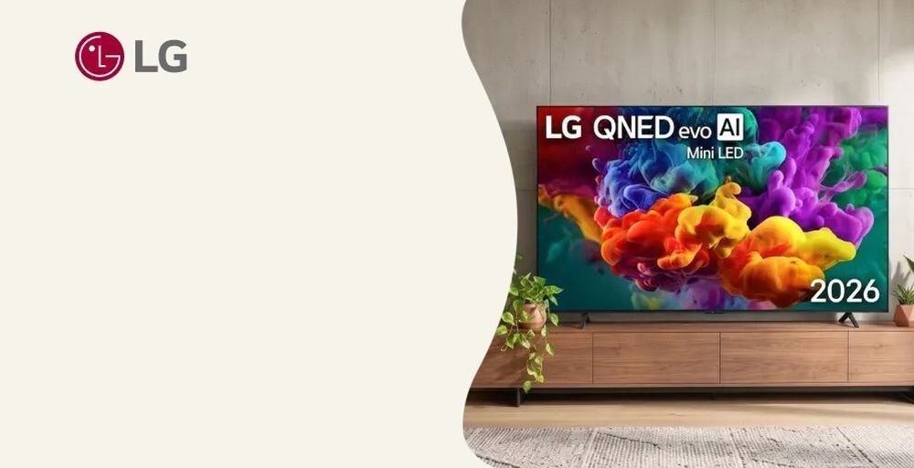 Telewizor LG 100QNED87B6 QNED evo Ultra Big TV ultraduży ekran żywe kolory wysoka jakość obrazu, telewizor stojący na komodzie w pomieszczeniu