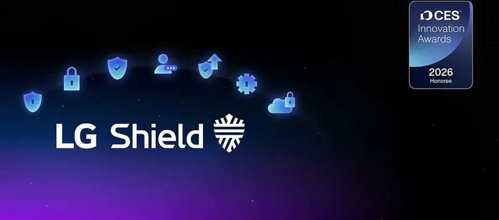 Telewizor LG 100QNED87B6 LG Shield ochrona danych szyfrowanie bezpieczeństwo, logo lg shield na ciemnym tle