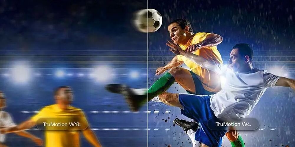 Telewizor LG 100QNED87B6 TruMotion AI Genre Selection płynny ruch obrazu, piłkarze grający w piłkę na stadionie