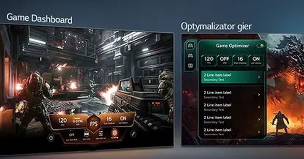 Telewizor LG 100QNED87B6 Game Dashboard Game Optimizer ustawienia dla graczy, dwa kadry z gry na ciemnym tle