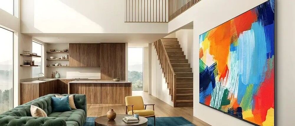 Telewizor LG 100QNED87B6 smukły design minimalistyczna konstrukcja wnętrze, telewizor zawieszony na ścianie w pomieszczeniu