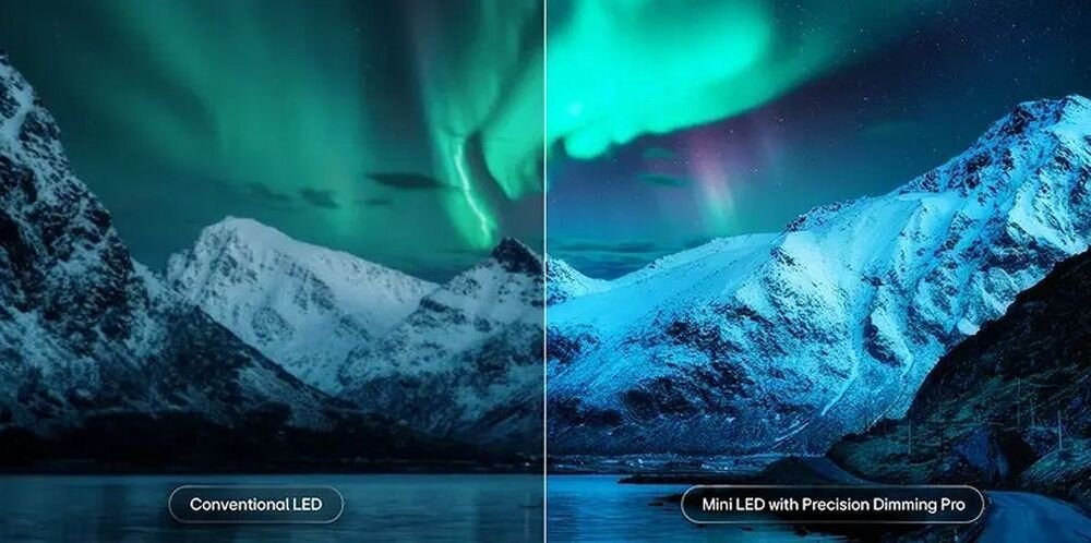Telewizor LG 100QNED87B6 Mini LED Precision Dimming Pro kontrast szczegóły obrazu, krajobraz gór z zorzą polarną