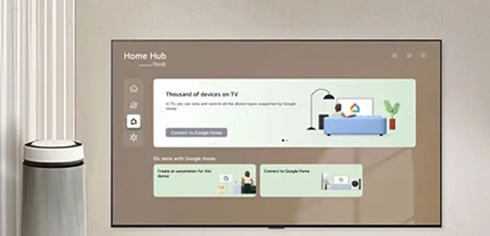 Telewizor LG 100QNED87B6 Home Hub inteligentna łączność urządzenia IoT Google Home, telewizor zawieszony na ścianie w pomieszczeniu