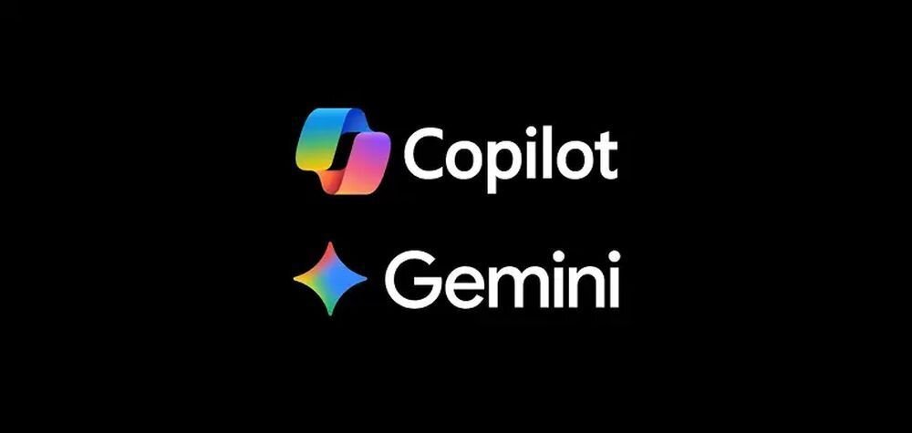 Telewizor LG 100QNED87B6 Multi AI Search Google Gemini Microsoft Copilot wyszukiwanie, logo wraz z napisami copilot oraz geminy na czarnym tle