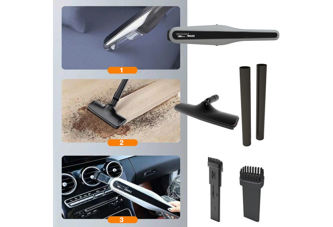 Obraz przedstawia odkurzacz ręczny MBG LINE Vacuum Max 2 z różnymi końcówkami do czyszczenia. Widoczne są trzy sceny użycia: czyszczenie tapicerki, podłogi oraz wnętrza samochodu.