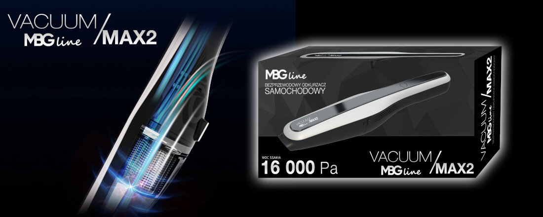 Obraz przedstawia opakowanie odkurzacza ręcznego MBG LINE Vacuum Max 2 z napisem \'BEZPRZEWODOWY ODKURZACZ SAMOCHODOWY\' oraz \'MOC SSANIA 16 000 Pa\'. Po lewej stronie widoczna jest grafika z napisem \'VACUUM MBG line / MAX2\'.