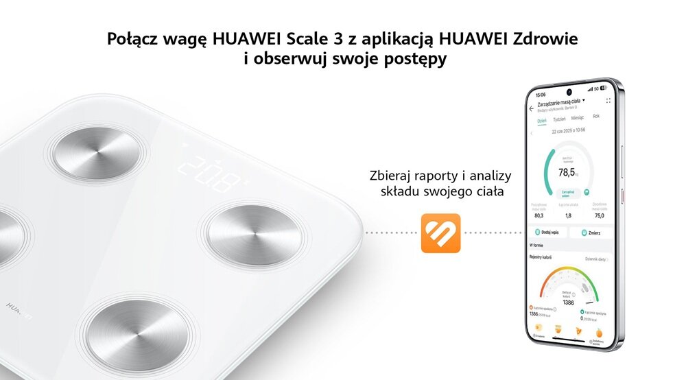 Obraz przedstawia wagę łazienkową z czterema metalowymi sensorami oraz smartfon z aplikacją pokazującą dane zdrowotne. Tekst na obrazie: \'Połącz wagę HUAWEI Scale 3 z aplikacją HUAWEI Zdrowie i obserwuj swoje postępy\', \'Zbieraj raporty i analizy składu swojego ciała\'.