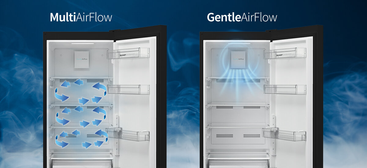 LODÓWKA SHARP SJ-NBA05DMXBC-EU Porównanie dwóch wnętrz lodówki oznaczonych „MultiAirFlow” i „GentleAirFlow”. W środku widoczne są niebieskie strzałki oraz grafiki przedstawiające przepływ powietrza Gentle Air Flow Multi Air Flow równomierne chłodzenie brak mieszania zapachów