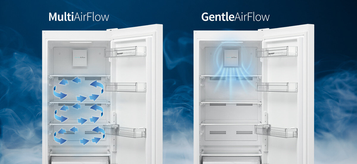 LODÓWKA SHARP SJ-NBA05DMXWC-EU Porównanie dwóch wnętrz lodówki oznaczonych „MultiAirFlow” i „GentleAirFlow”. W środku widoczne są niebieskie strzałki oraz grafiki przedstawiające przepływ powietrza Gentle Air Flow Multi Air Flow równomierne chłodzenie brak mieszania zapachów