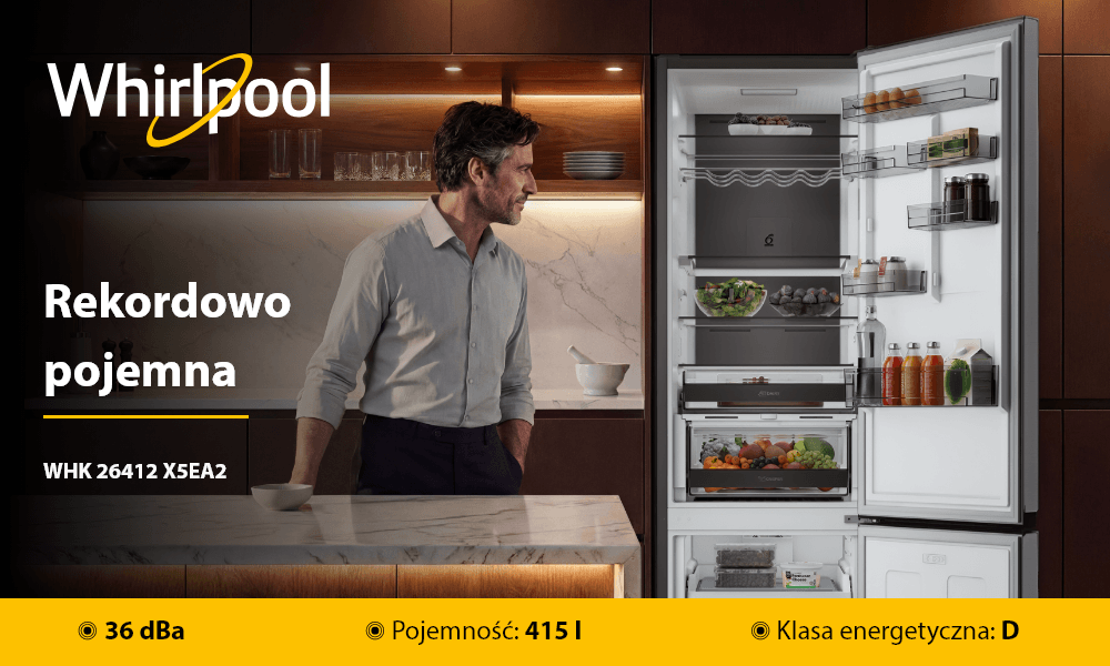 LODÓWKA WHIRLPOOL WHK 26412 X5EA2 Otwarte drzwi lodówki Whirlpool pokazują półki wypełnione produktami spożywczymi. Obok urządzenia stoi osoba, a na grafice widoczne są informacje: 35 dBa, 370 l i klasa energetyczna C