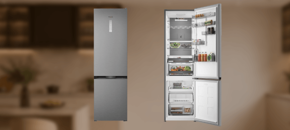 LODÓWKA WHIRLPOOL WHK 26412 X5EA2 Lodówka Whirlpool pokazana w dwóch ujęciach: z zamkniętymi i otwartymi drzwiami. W tle znajduje się rozmyta aranżacja kuchni oświetlenie LED wyświetlacz cyfrowy zintegrowany uchwyt drzwi licowane