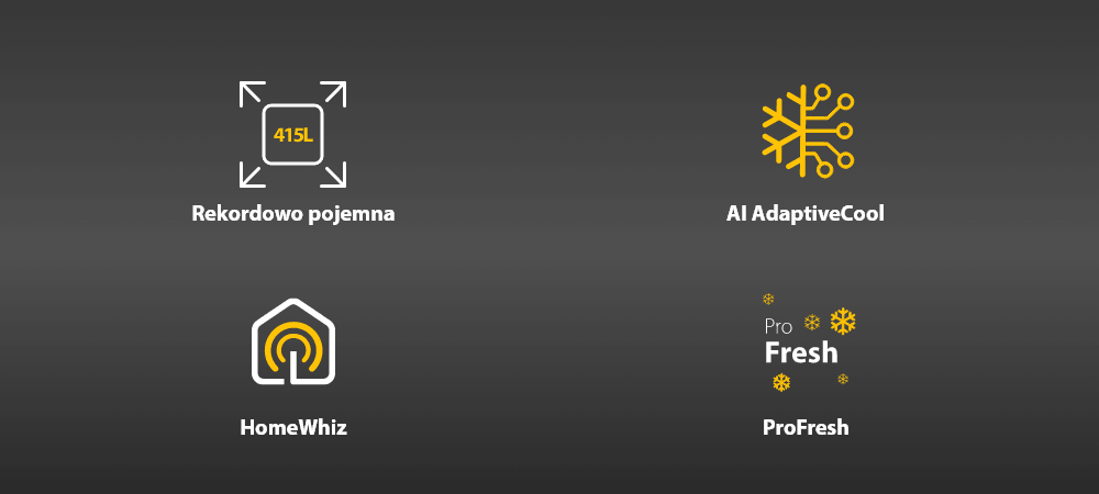 LODÓWKA WHIRLPOOL WHK 26412 X5EA2 Grafika na ciemnym tle przedstawia cztery ikony z podpisami: „Rekordowo pojemna 415 l”, „AI AdaptiveCool”, „HomeWhiz” oraz „Technologia ZenInverter”. Kolorystyka utrzymana jest w odcieniach szarości, bieli i żółci AI AdaptiveCool pojemność 370 l HomeWhiz zdalne sterowanie ZenInverter