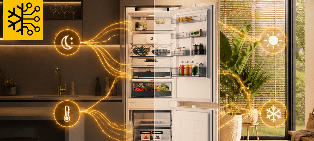 LODÓWKA WHIRLPOOL WHK 26412 X5EA2 Otwarta lodówka Whirlpool pokazana na tle kuchni. Wokół urządzenia widoczne są świecące linie i ikony słońca, księżyca, termometru oraz płatka śniegu AI AdaptiveCool inteligentne chłodzenie oszczędność energii do 20%