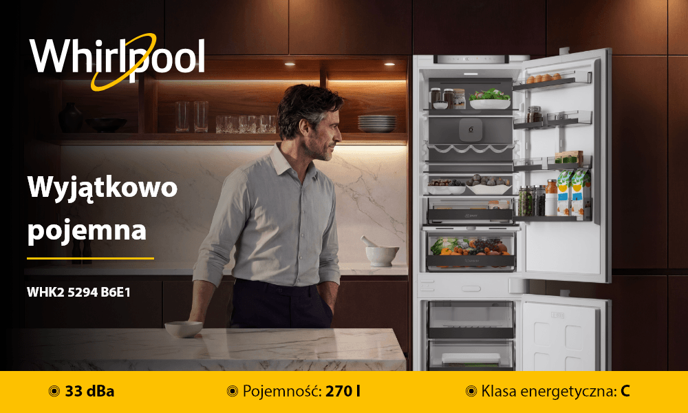 LODÓWKA WHIRLPOOL WHK WHK2 5294 B6E1 Otwarte drzwi lodówki Whirlpool pokazują półki wypełnione produktami spożywczymi. Obok urządzenia stoi osoba, a na grafice widoczne są informacje: 35 dBa, 270 L i klasa energetyczna C