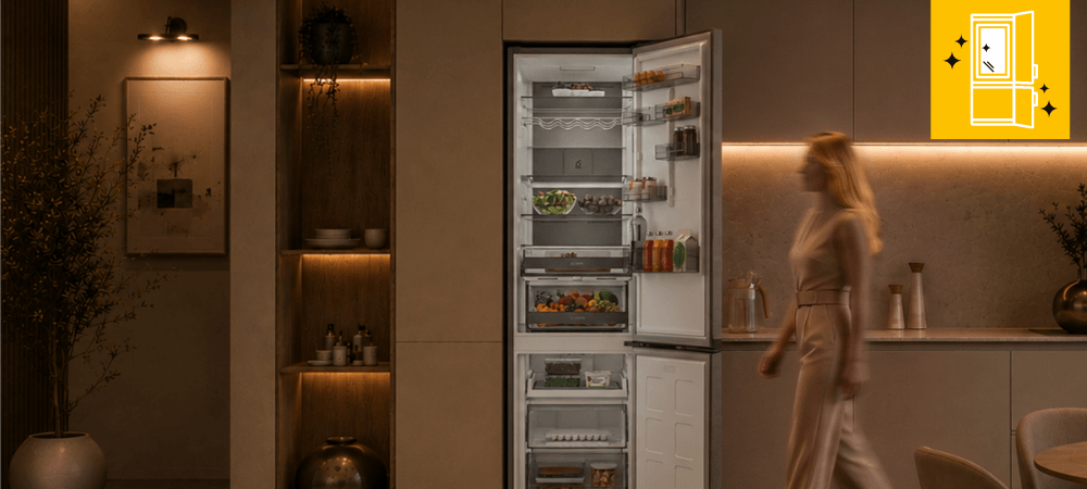 LODÓWKA WHIRLPOOL WHK WHK2 5294 B6E1 Otwarta lodówka Whirlpool w zabudowie kuchennej z widocznymi półkami, szufladami i produktami spożywczymi wewnątrz. Po prawej stronie przechodzi osoba, a w prawym górnym rogu znajduje się ikona otwartych drzwi Metal MultiFlow Metalowa tylna ścianka dopracowany wygląd