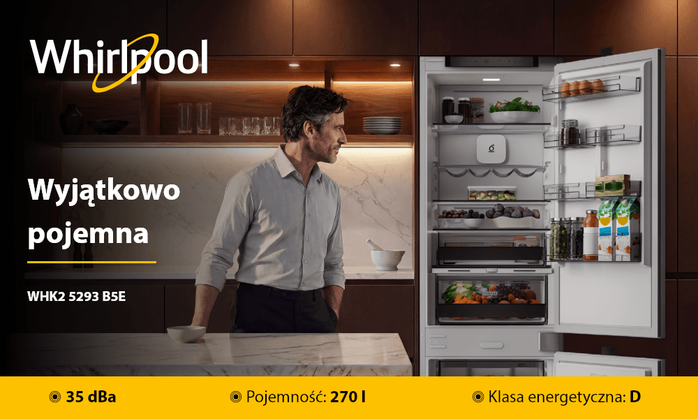 LODÓWKA WHIRLPOOL WHK2 5293 B5E Otwarte drzwi lodówki Whirlpool pokazują półki wypełnione produktami spożywczymi. Obok urządzenia stoi osoba, a na grafice widoczne są informacje: 35 dBa, 270 L i klasa energetyczna C