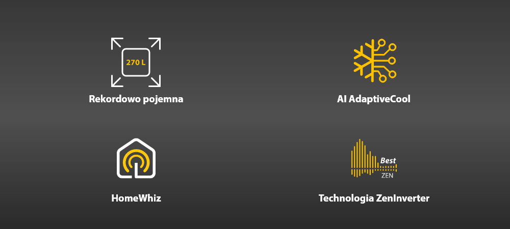 LODÓWKA WHIRLPOOL WHK2 5293 B5E Grafika na ciemnym tle przedstawia cztery ikony z podpisami: „Rekordowo pojemna 270 L”, „AI AdaptiveCool”, „HomeWhiz” oraz „Technologia ZenInverter”. Kolorystyka utrzymana jest w odcieniach szarości, bieli i żółci AI AdaptiveCool pojemność 270 L HomeWhiz zdalne sterowanie ZenInverter