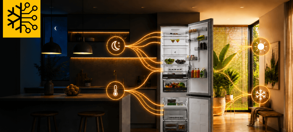 LODÓWKA WHIRLPOOL WHK2 5293 B5E Otwarta lodówka Whirlpool pokazana na tle kuchni. Wokół urządzenia widoczne są świecące linie i ikony słońca, księżyca, termometru oraz płatka śniegu AI AdaptiveCool inteligentne chłodzenie oszczędność energii do 20%