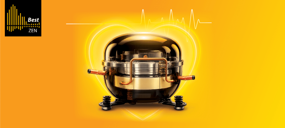 LODÓWKA WHIRLPOOL WHK2 5293 B5E Zbliżenie na kompresor lodówki przedstawiony na żółtym tle. W lewym górnym rogu widoczne jest logo „Best ZEN” ZenInverter cicha praca wysoki komfort użytkowania