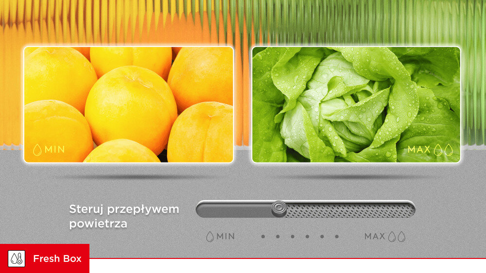 LODÓWKA TCL RC591SBE0 Grafika prezentuje szufladę Fresh Box z owocami i sałatą. Na dole widoczny jest suwak regulacji przepływu powietrza Fresh Box Humidity Slider regulacja wilgotności dłuższa świeżość