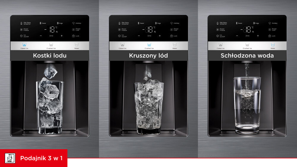 LODÓWKA TCL RC591SBE0 Trzy zbliżenia na dyspenser lodówki prezentujące kostki lodu, kruszony lód i schłodzoną wodę w szklankach. Nad każdym ujęciem widoczny jest panel sterowania z wyświetlaczem podajnik 3 w 1 schłodzona woda kostki lodu lód kruszony