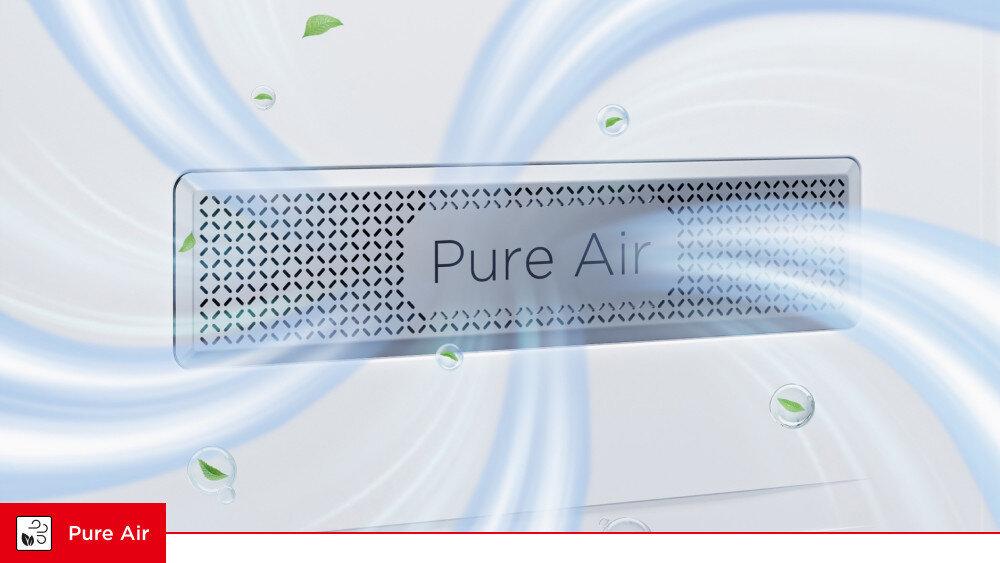 LODÓWKA TCL RC605SBD0 Zbliżenie na panel „Pure Air” umieszczony wewnątrz lodówki. Wokół widoczne są niebieskie smugi powietrza, krople oraz zielone listki Pure Air filtracja powietrza usuwanie zapachów świeże powietrze