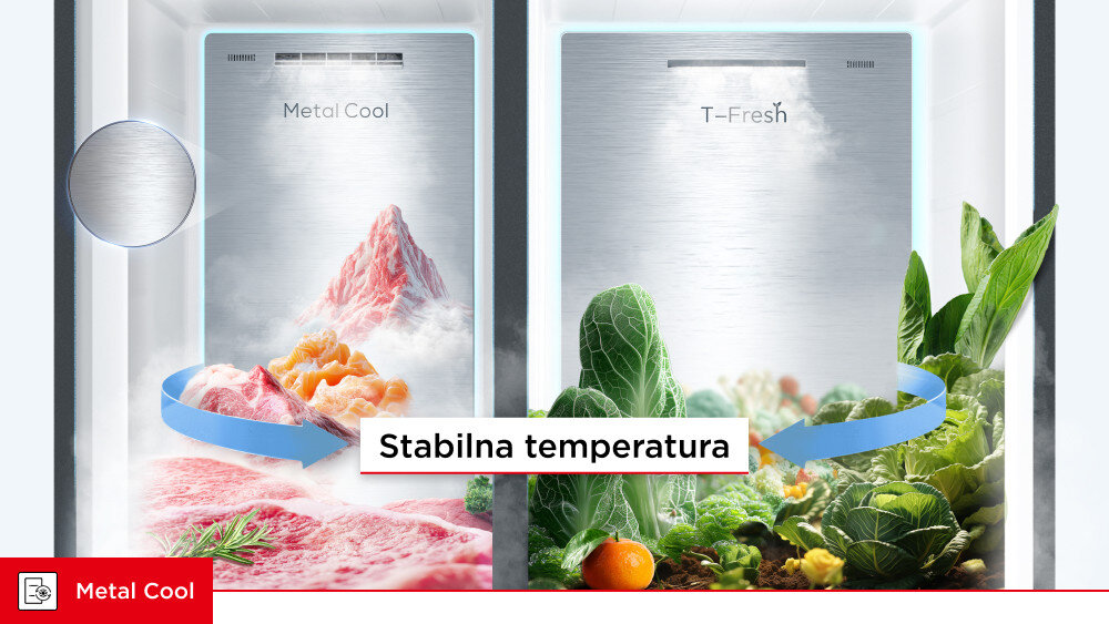 LODÓWKA TCL RC605SBD0 Grafika przedstawia dwie strefy wewnątrz lodówki oznaczone jako „Metal Cool” i „T-Fresh”. Przed panelami widoczne są mięso, ryby, warzywa oraz niebieskie strzałki z napisem „Stabilna temperatura” Metal Cool stabilna temperatura równomierny obieg akumulacja chłodu
