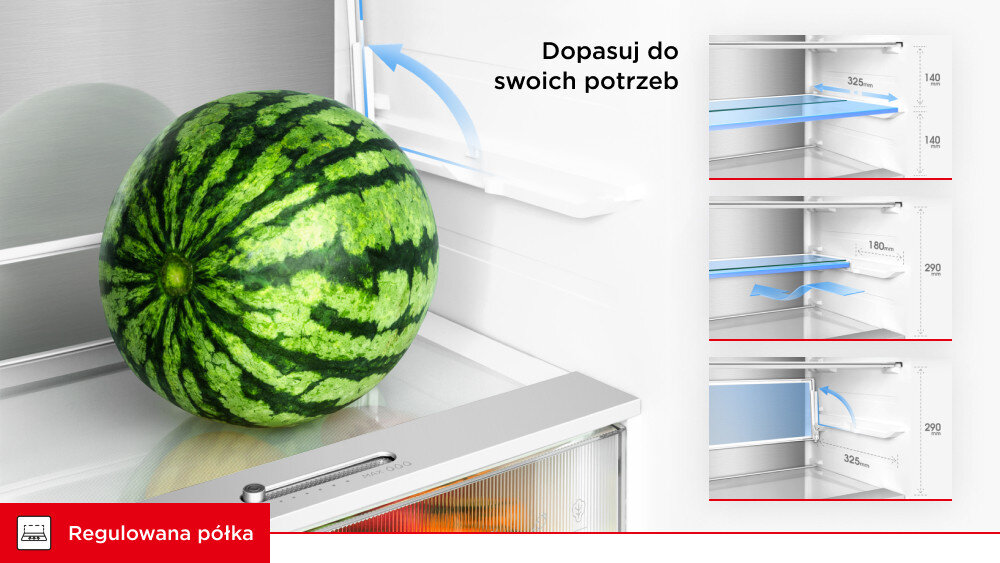 LODÓWKA TCL RC382BXA0 Na obrazie widoczna jest grafika reklamowa wnętrza lodówki, prezentująca regulowaną półkę szkło hartowane składana półka duże naczynia elastyczne wnętrze