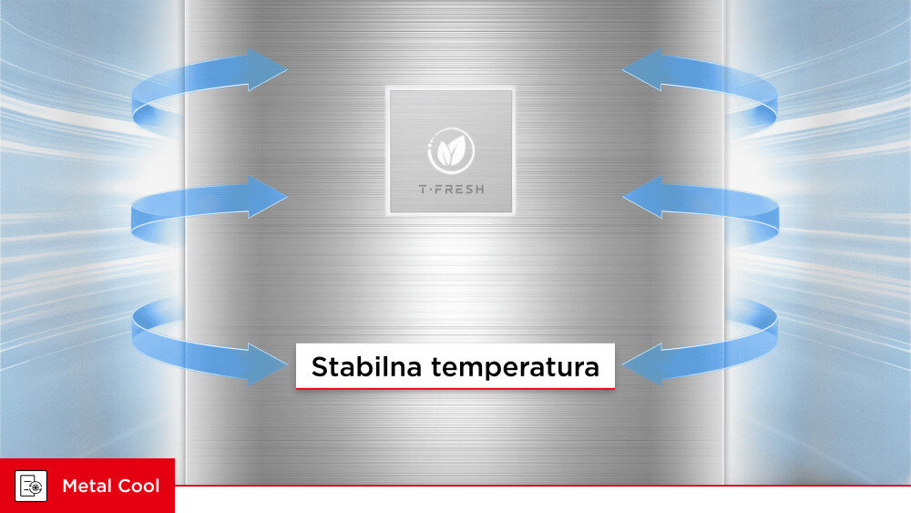 LODÓWKA TCL RC382BXA0 Grafika przedstawia panel „Metal Cool” z niebieskimi strzałkami skierowanymi do środka. Na środku widoczny jest napis „Stabilna temperatura” oraz logo T-FRESH Metal Cool równomierne chłodzenie stabilna temperatura obieg powietrza