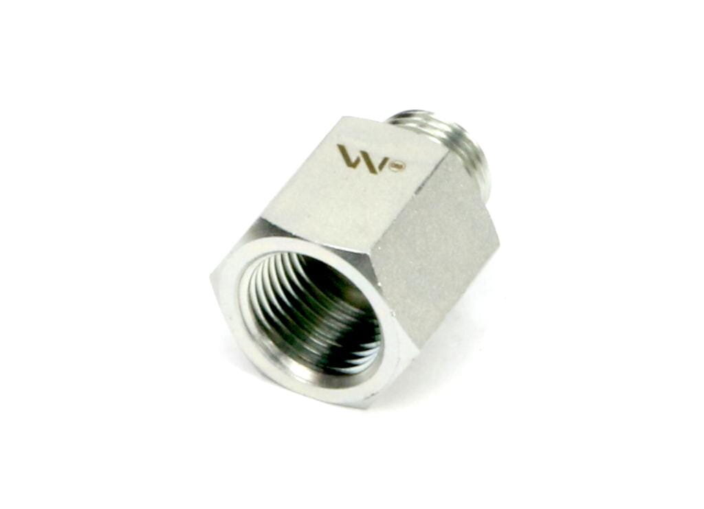 Metalowa tulejka hydrauliczna z gwintem wewnętrznym i zewnętrznym, z widocznym logo \'W\'.