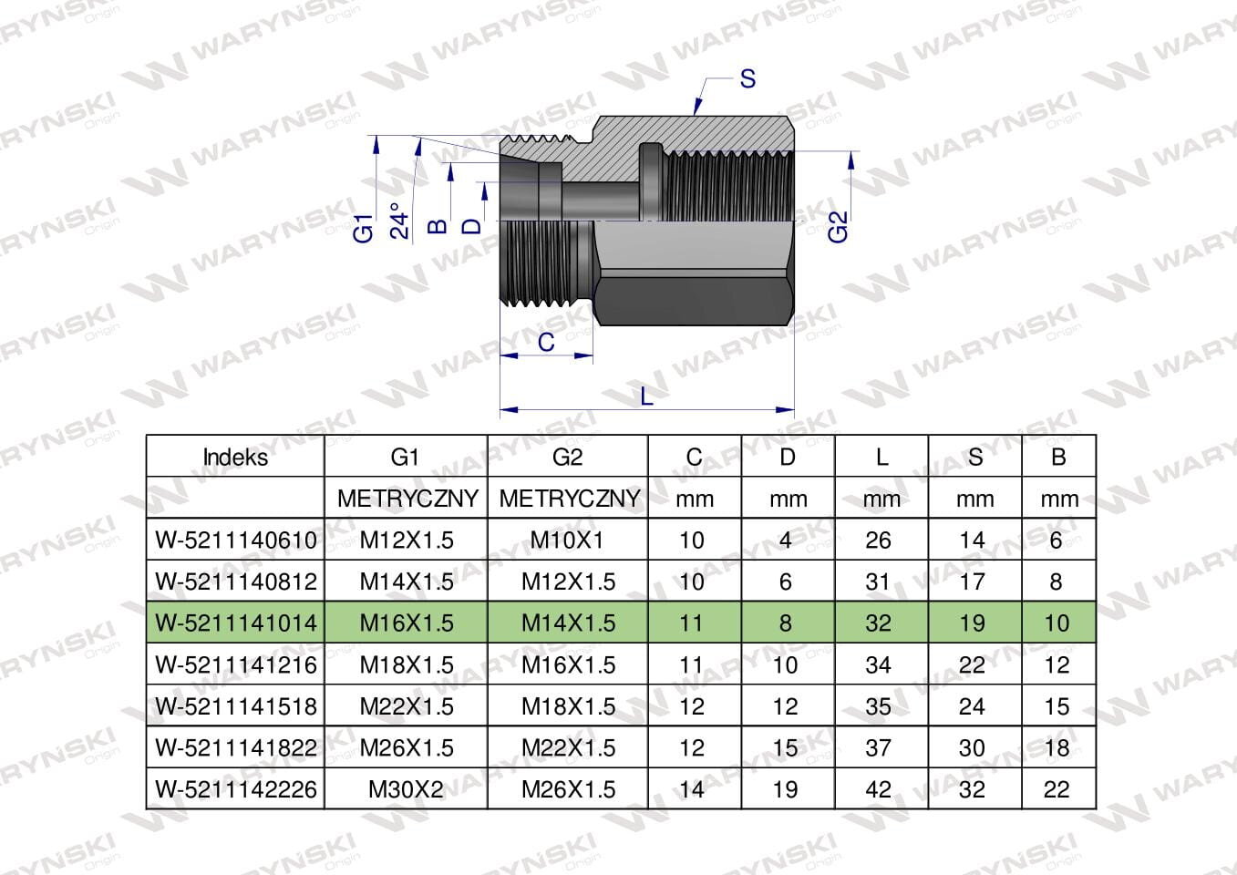 Obraz przedstawia rysunek techniczny tulejki hydraulicznej z tabelą wymiarów. Wyróżniony wiersz w tabeli dotyczy tulejki o indeksie W-5211141014 z gwintami M16X1.5 i M14X1.5.