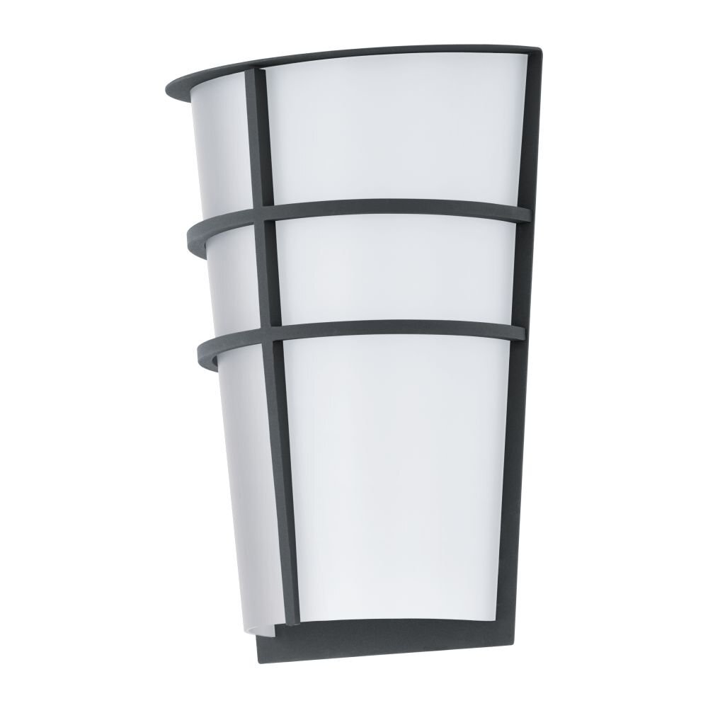 Lampa ścienna LED o nowoczesnym designie, z białym kloszem i czarnymi elementami konstrukcyjnymi. Produkt ma kształt półokrągły z trzema poziomymi paskami.