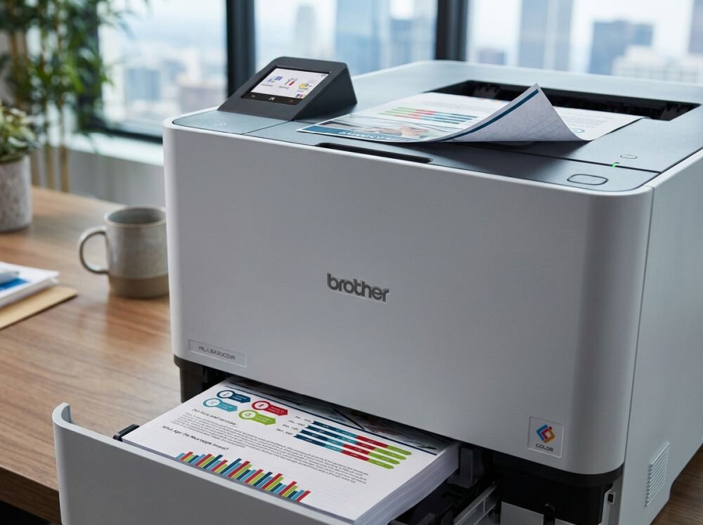 Sekcja o druku dwustronnym i podajnikach: Drukarka Brother HL-L8430CDW z wysuniętą tacą odbiorczą.